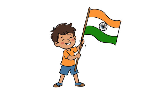 Joyful young boy holding Indian flag with pride and patriotic enthusiasm in a cheerful cartoon scene