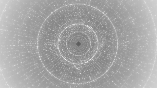 White color glowing circular dots forming circle shape 3d tunnel modern design geometrical background