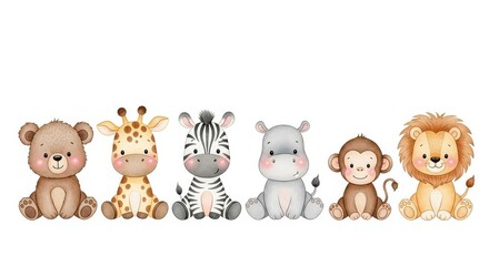 Obraz premium Cute Watercolor Baby Safari Animals Set - Bear, Giraffe, Zebra, Hippo, Monkey, and Lion Illustration for Nursery Decor