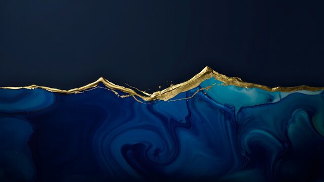 Abstract fluid art background with dark blue and turquoise marble texture and a jagged gold foil line separating the colors