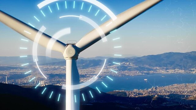 Close-up of wind turbine rotor with AI monitoring interface. Smart renewable energy concept for wind power analytics, performance control, and digital infrastructure management