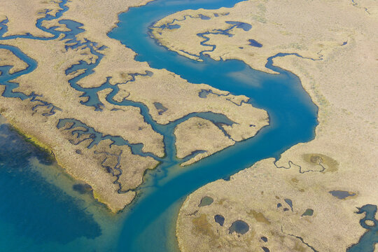 Spain, Andalusia, Punta Umbria, Marismas del Odiel, aerial view