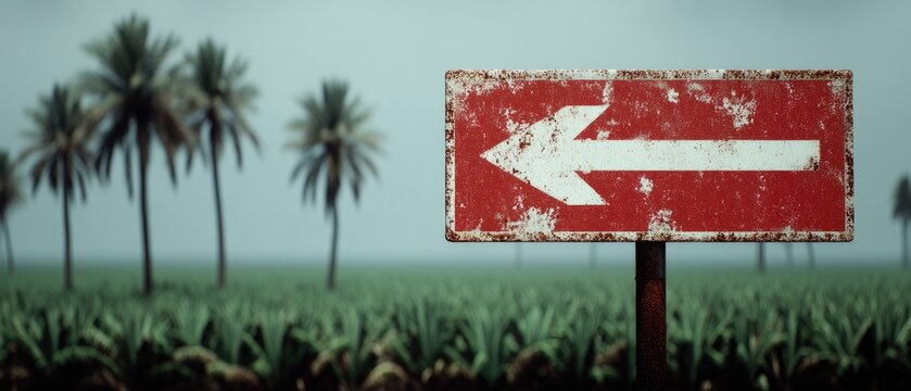 Weathered red sign with white arrow directs to the right in an outdoor setting with trees and blue sky in the background