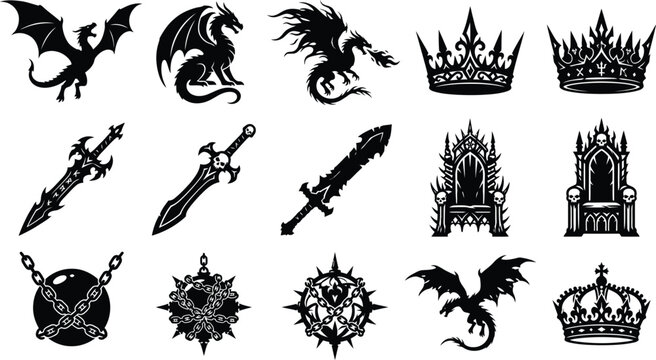 Fantasy medieval elements collection with dragon silhouette crown sword throne and weapon.