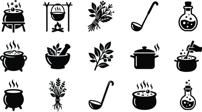 Witch cauldron icons with potion bottles herbs ladles and cooking pots for magic concepts.