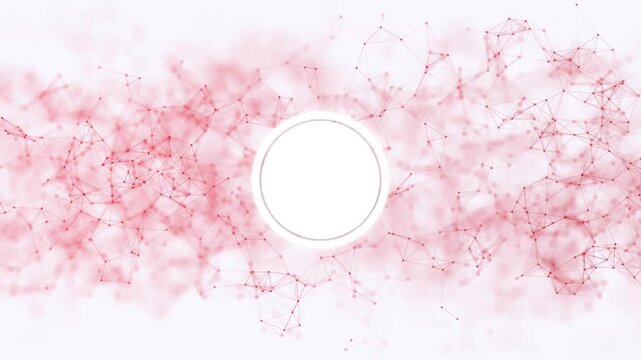 Soft red molecular title visual white circular copy space, pale particle fog, and delicate connected lines. for healthcare explainers, beauty promos, science videos, wedding titles, animated overlays.