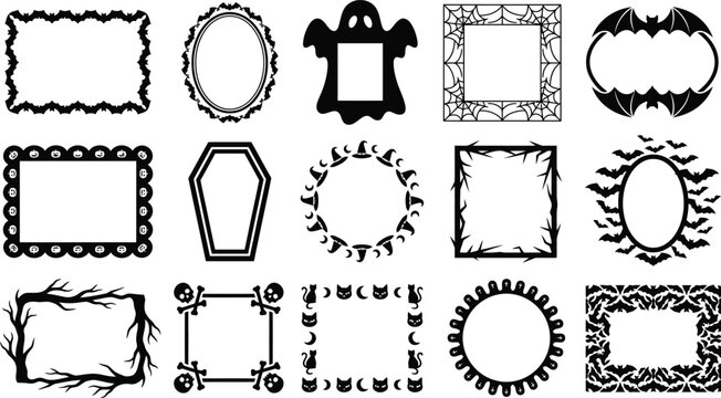 Halloween borders collection with gothic bats skulls pumpkins ghosts and cemetery elements.
