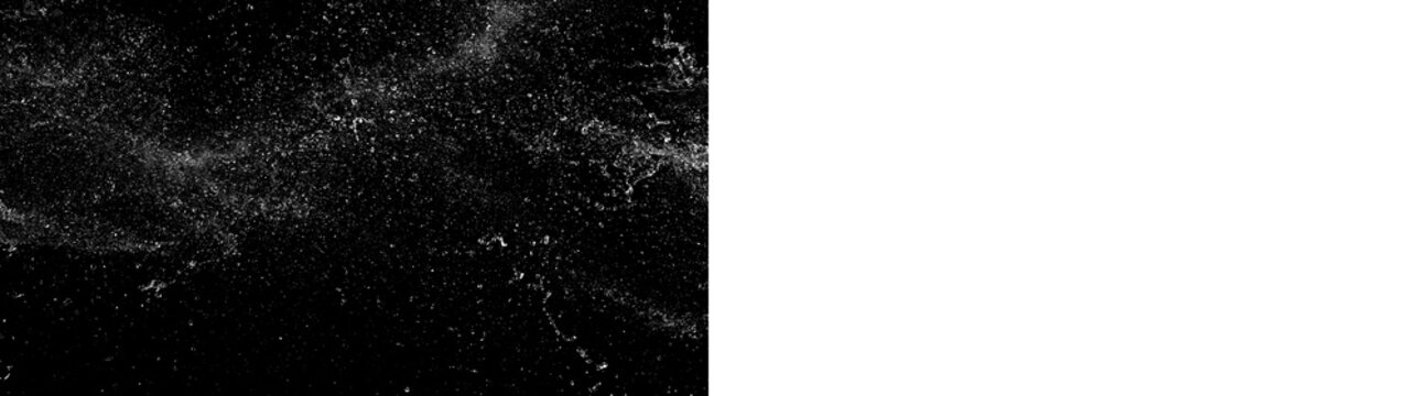 Fine water splash mist and droplets texture. Liquid spray overlay isolated on black and transparent backgrounds. Horizontal split screen design element