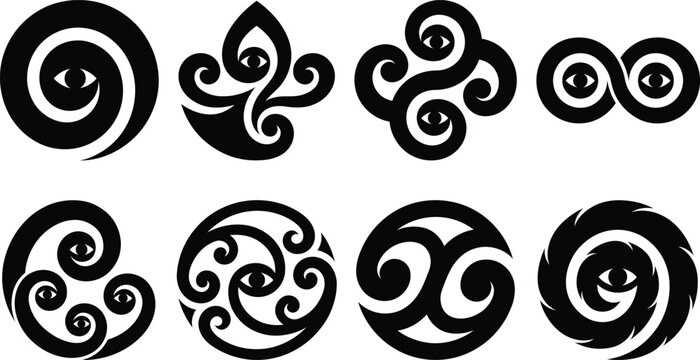 Sacred Koru Maori Cultural Silhouette Set,  Spiritual Spiral Vectors Isolated on White