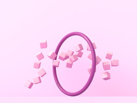 Pink cubes float through a purple ring in a 3d rendering
