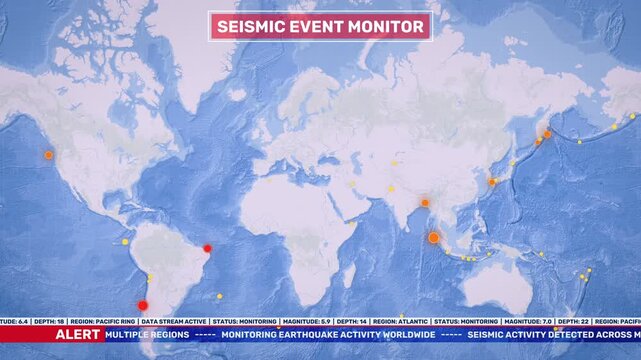 Seismic Event Monitor Global Earthquake Alert Screen. Bright global seismic activity monitoring screen showing earthquake markers appearing across continents and oceans with alert graphics and ticker
