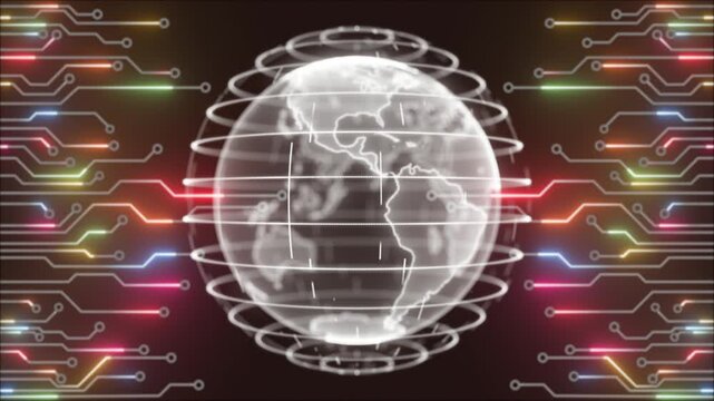 colourful rotating hi tech hologram globe with motherboard chip big data hi tech designloopable  dark technology background 