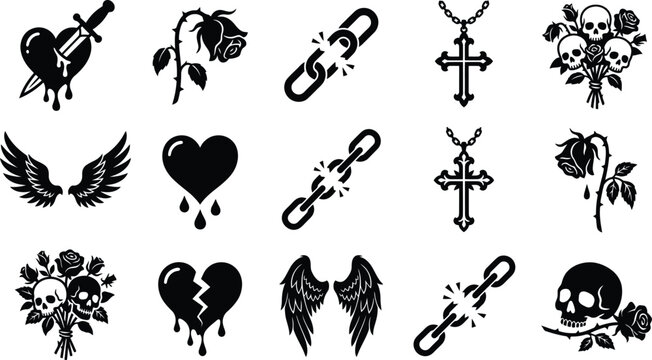 Gothic tattoo art collection with broken heart bleeding rose broken chain and skull icons.