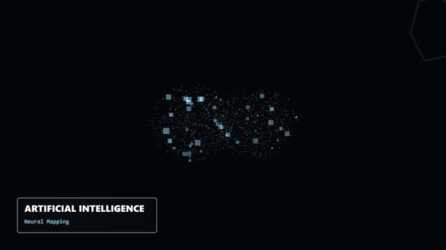 Artificial Intelligence Neural Mapping visualization showing glowing blue data particles and geometric structure connectivity patterns