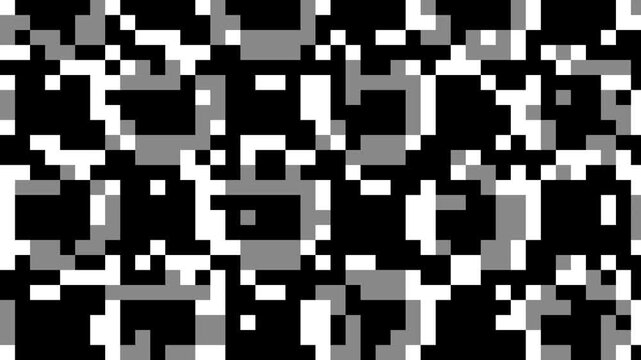 Binary style pattern featuring scattered square pixels and geometric shapes in high contrast black and white