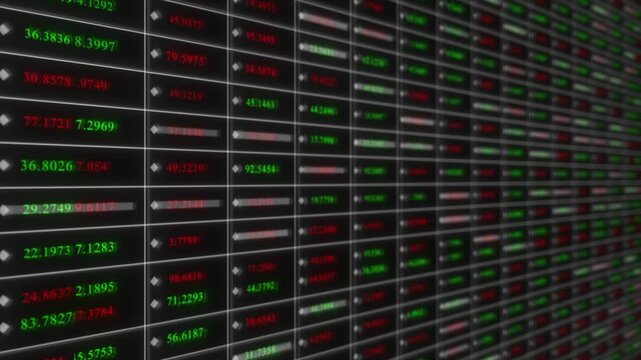colourful stock command centre with dynamic profit and loss grid display showing live price scanners across global markets hi tech background