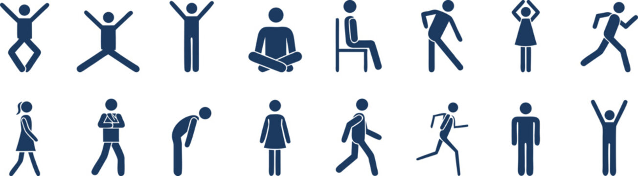 Collection of Blue Human Silhouette Icons Showing Various Postures and Gestures