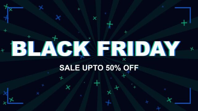 Black Friday sale animation featuring fifty percent off discount text on a dark sunburst motion graphic