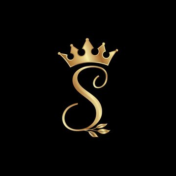 Gold letter S with crown and leaf on black
