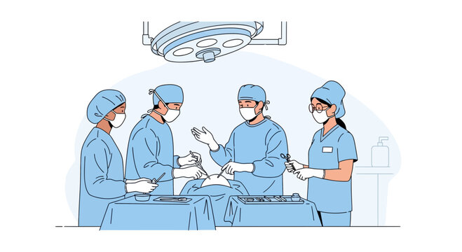 Surgeons operating in sterile room with medical equipment and surgical lights