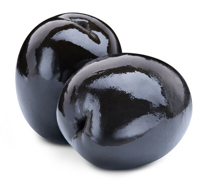 Two black olives isolated on white background. Ripe organic fresh black berries with clipping path