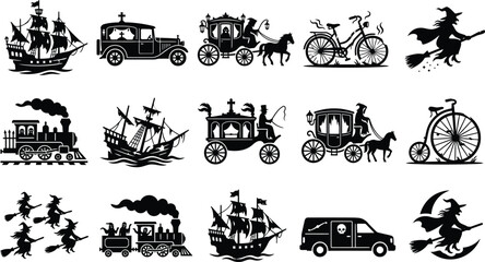 Obraz premium Ghostly transportation silhouettes including haunted ship hearse witch broom and ghost train.