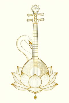 Gold swan lute on lotus base line art
