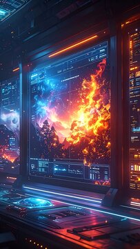 Futuristic computer screen with fiery graphics.