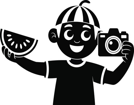 Illustration of a boy holding a slice of watermelon and a camera