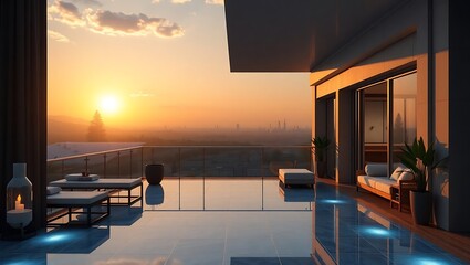 Fototapeta premium Luxury balcony at golden hour, long shadows, warm tones, elegant decor, cinematic 3D rendering