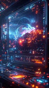 Futuristic computer screen with globe interface.