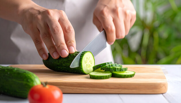 Cutting fresh cucumber for healthy meal preparation with crisp texture and natural kitchen freshness