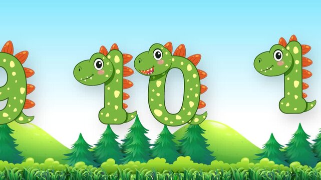Animated Green Dinosaur Numbers Floating Over Forest Landscape Background