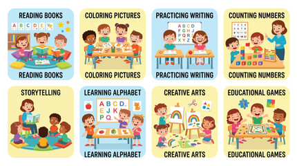 Fototapeta premium Set of cartoon illustrations showing children engaged in various educational classroom activities and learning.