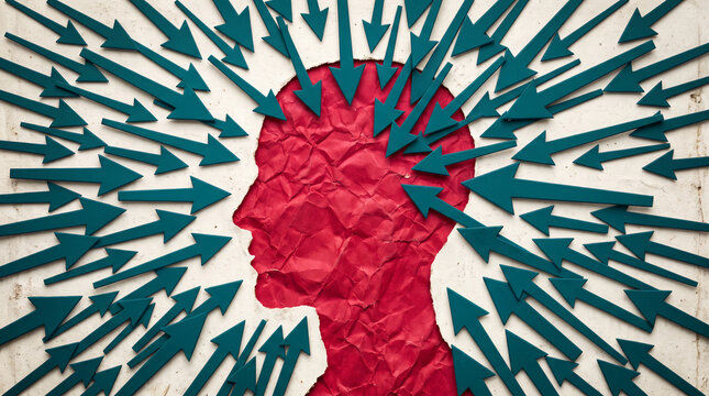 Crimson head profile surrounded by teal arrows, symbolizing pressure, overwhelming influence, or competing ideas affecting thought and decision-making, conceptual.