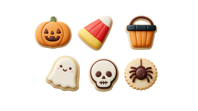 Cute halloween cookie icon set with pumpkin candy corn basket ghost skull and spider biscuits isolated on transparent background for spooky party design