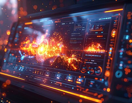 Futuristic computer screen with glowing interface.