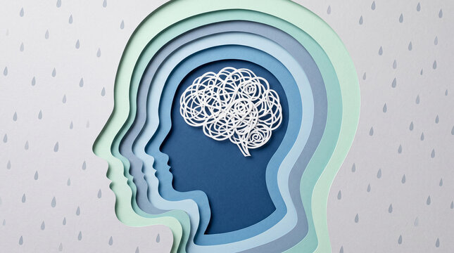 Layered paper cutouts form a human head silhouette with a tangled brain, symbolizing mental struggle or confusion with rain motifs.