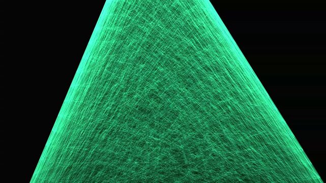 Bright neon green light beams converge into a sharp triangular shape against a dark night sky