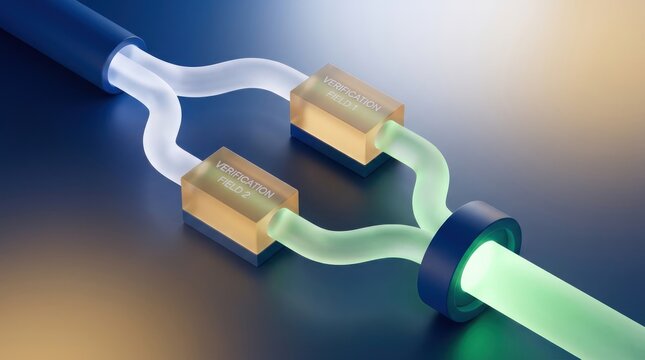 Dual verification workflow with independent control paths converging into controlled release, three dimensional business process background with copy space