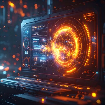 Futuristic computer screen with glowing interface.
