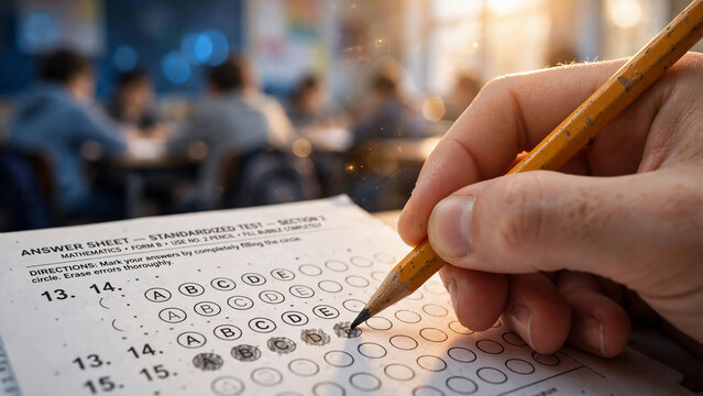 Close-up of a hand filling bubbles on a standardized test answer sheet with a wooden pencil, perfect for academic assessment, school exams and education.
