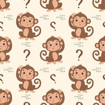 Confused Monkey Seamless Pattern, Adorable Brown Animal Scratching Head Question Mark Illustration, Minimalist Muted Pastel Earth Tones Nursery Kids Wallpaper Repeatable Surface Pattern Design