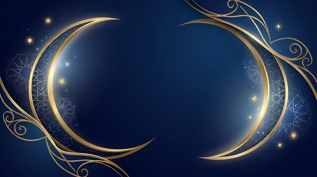 Elegant dark blue background with golden crescent moon shapes and intricate ornamental patterns for festive celebrations.