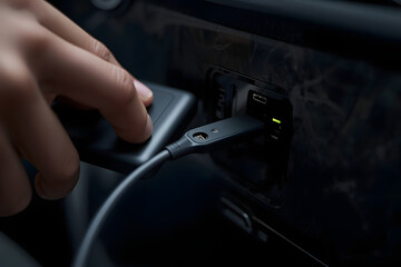 Fototapeta premium Person Plugging Charger into Power Bank