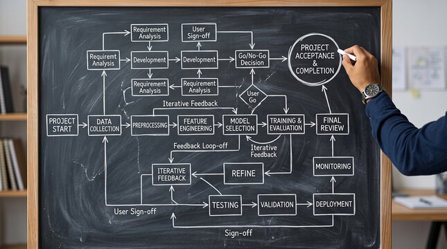 A hand draws a business process flowchart on a blackboard, symbolizing strategy, planning, and project management.