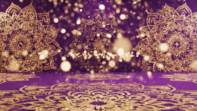 Gold mandala pattern on purple background with bokeh lights