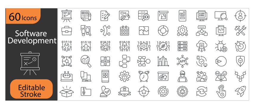 Editable software development stroke icons including code editor, terminal, bug fix, Git branch, server, API, and programming symbols.