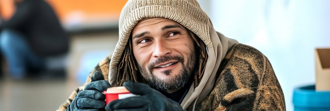 A Hopeful Homeless Man Enjoying A Warm Drink While Sitting Inside A Community Shelter Dining Hall
