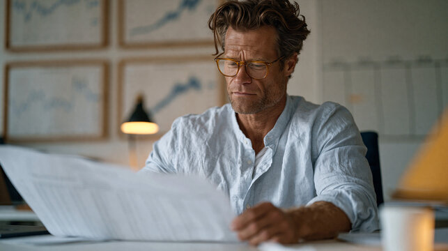 A bond trader in business casual attire reviews a printed fixed income yield analysis across a tidy desk inside a quiet institutional investment office, framed market indices